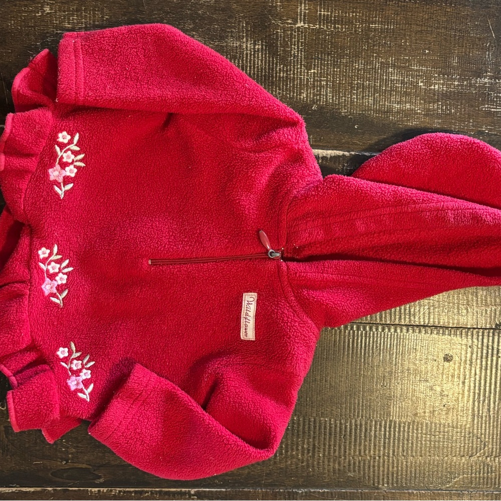 Red Fleece Hoodie with Floral Embroidery